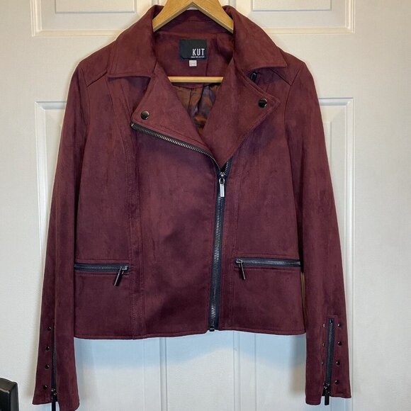 KUT From The Kloth Moto Jacket Womens Sz XS Burgundy Faux Suede Asymmetrical Zip - Picture 1 of 14
